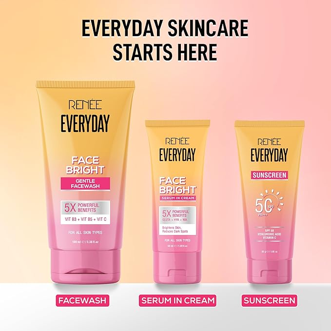 Three skincare products from the brand 'RENEE EVERYDAY' on a gradient background.