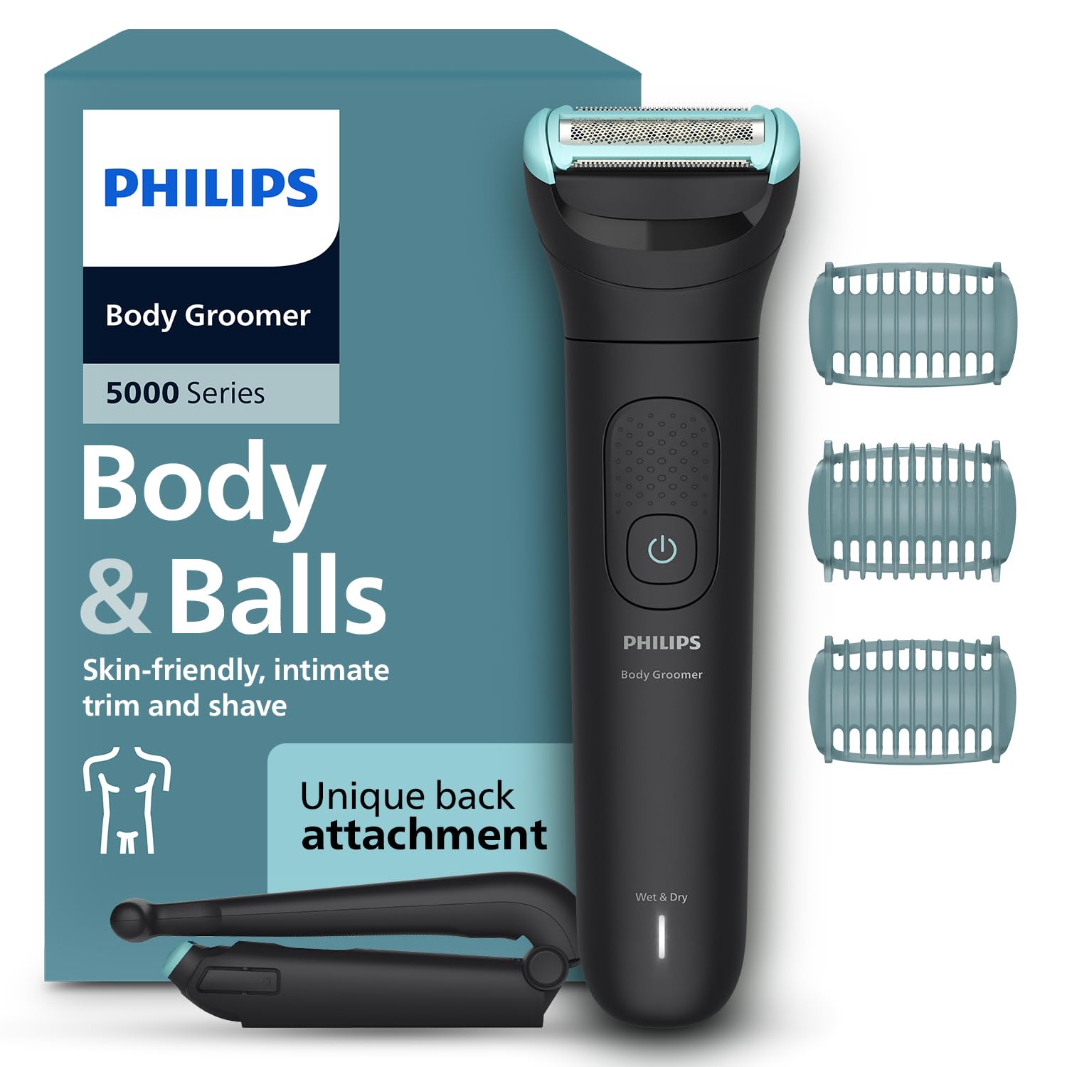 Philips Body Trimmer for Men Private Parts, Removes Back Hair, Skin Safe Grooming, Clinically Tested for Sensitive Skin, 100 Min Runtime, Showerproof, 5 Year Warranty, BG5475/15