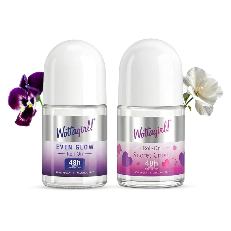 Wottagirl Wottagirl Underarm Roll On Combo (25ml X 2) - Even Glow Brightening & Secret Crush | 48H Odour Protection | Alcohol-Free | Vegan Deodorant for Women - Buy from Indicrest