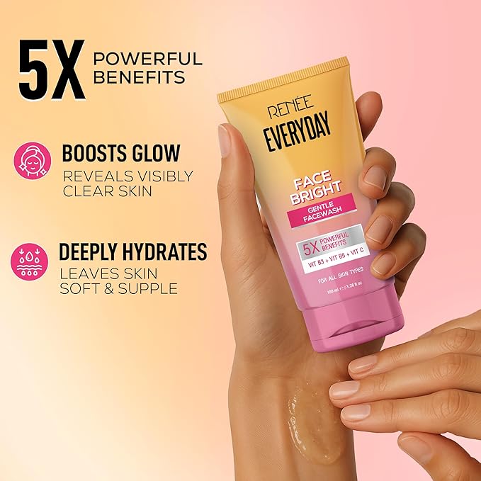 Hand holding a tube of Renee Everyday Face Bright product with text highlighting benefits on a gradient background.