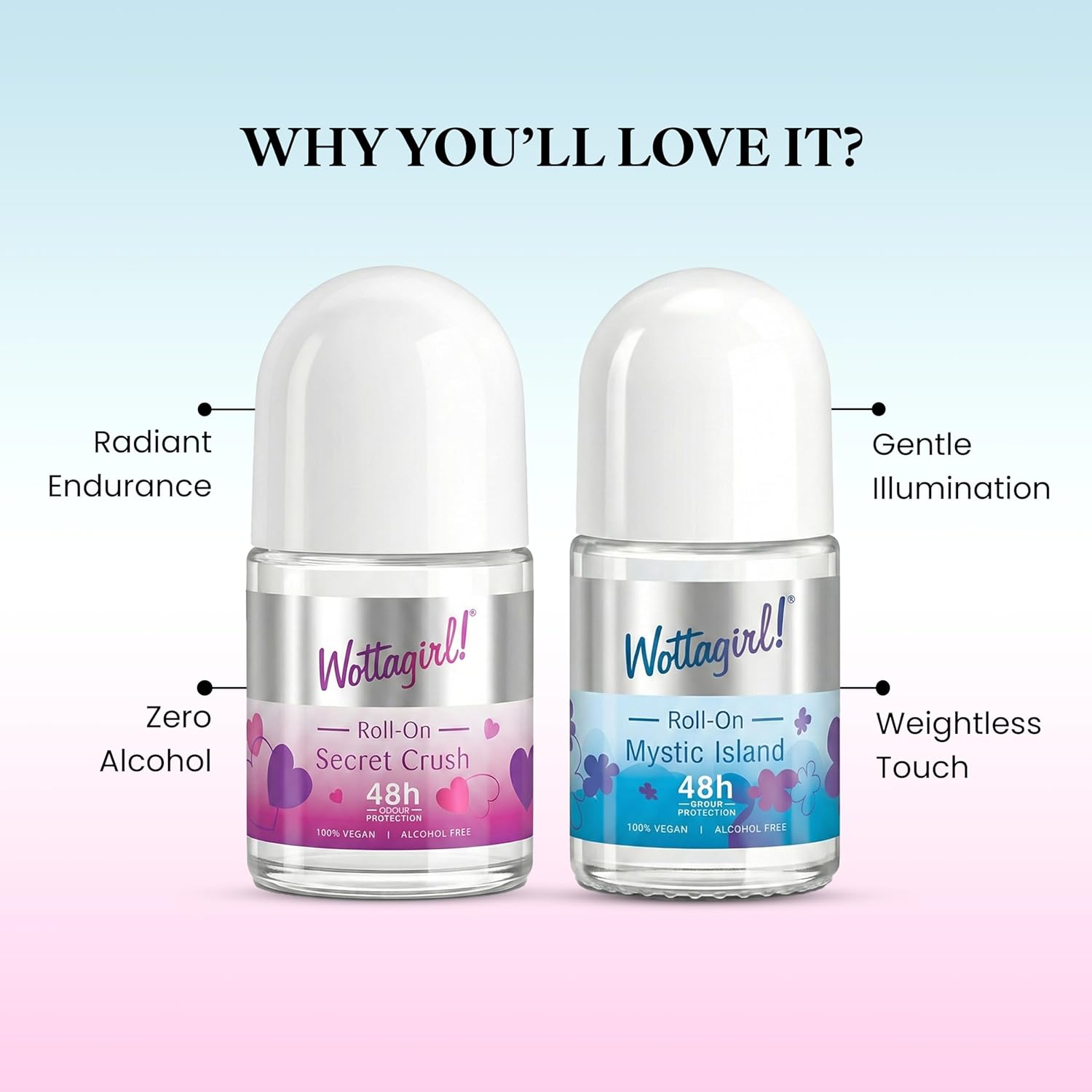 Wottagirl Wottagirl Underarm Roll On Combo (25ml X 2) - Mystic Island & Secret Crush | 48H Odour Protection | Alcohol-Free | Vegan Deodorant for Women - Image 4 - Buy from Indicrest