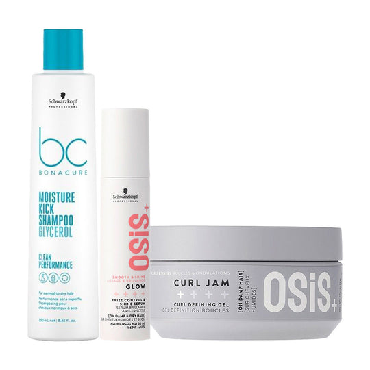 Schwarzkopf Professional Bonacure Moisture Kick Shampoo, 250ml, Osis Glow Serum, 50ml & Curl Jam, 300ml Combo Buy at Indicrest