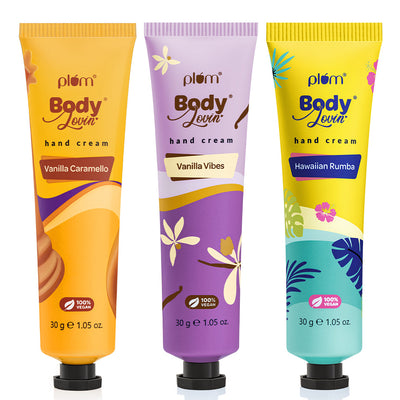 Plum On-The-Go Hand Creams Trio by Plum BodyLovin’ | Ultra Moisturizing | Shea Butter |  Non-Greasy Formula | Warm Vanilla Fragrance | Delicious Caramel Fragrance | Fresh Beachy Fragrance