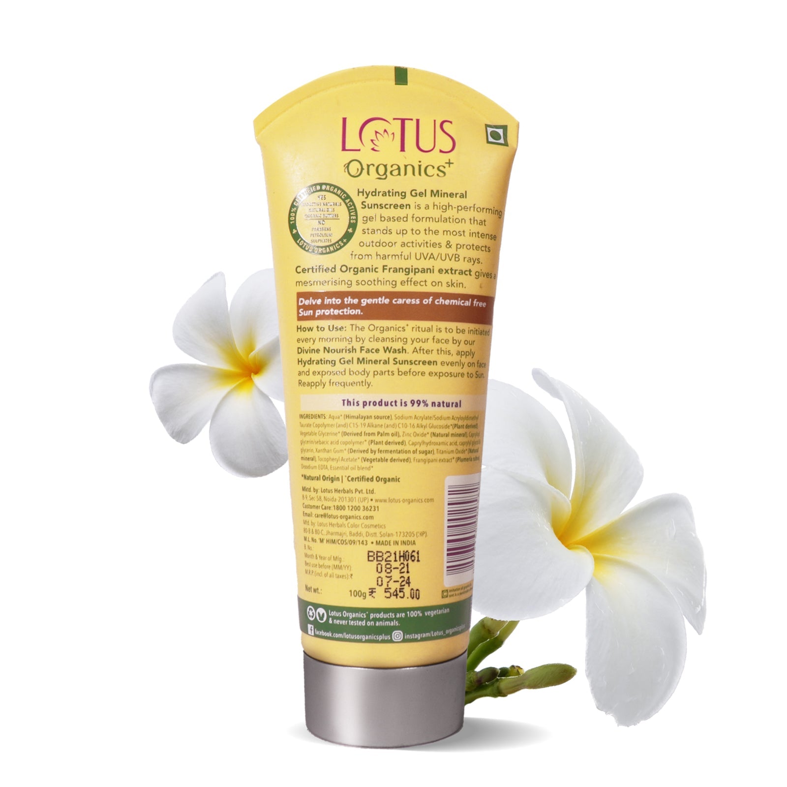 Lotus Herbals Organics+ Hydrating Gel Mineral Sunscreen SPF 30 PA+++, 100g