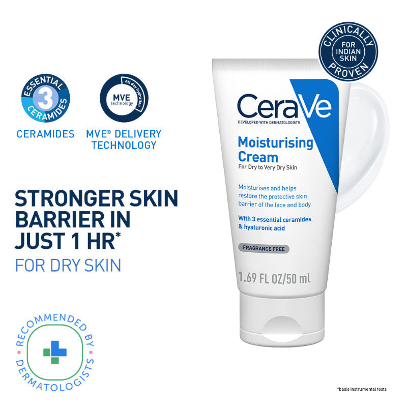 CeraVe Moisturizer Cream For Dry Skin With Ceramides & Hyaluronic Acid For Barrier Repair, 50ml Buy at Indicrest