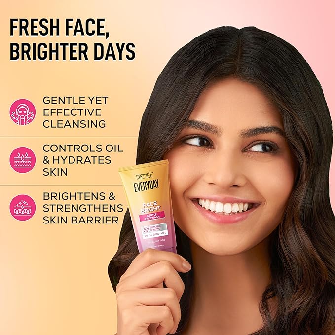 Woman holding a skincare product with text about its benefits on a pink background