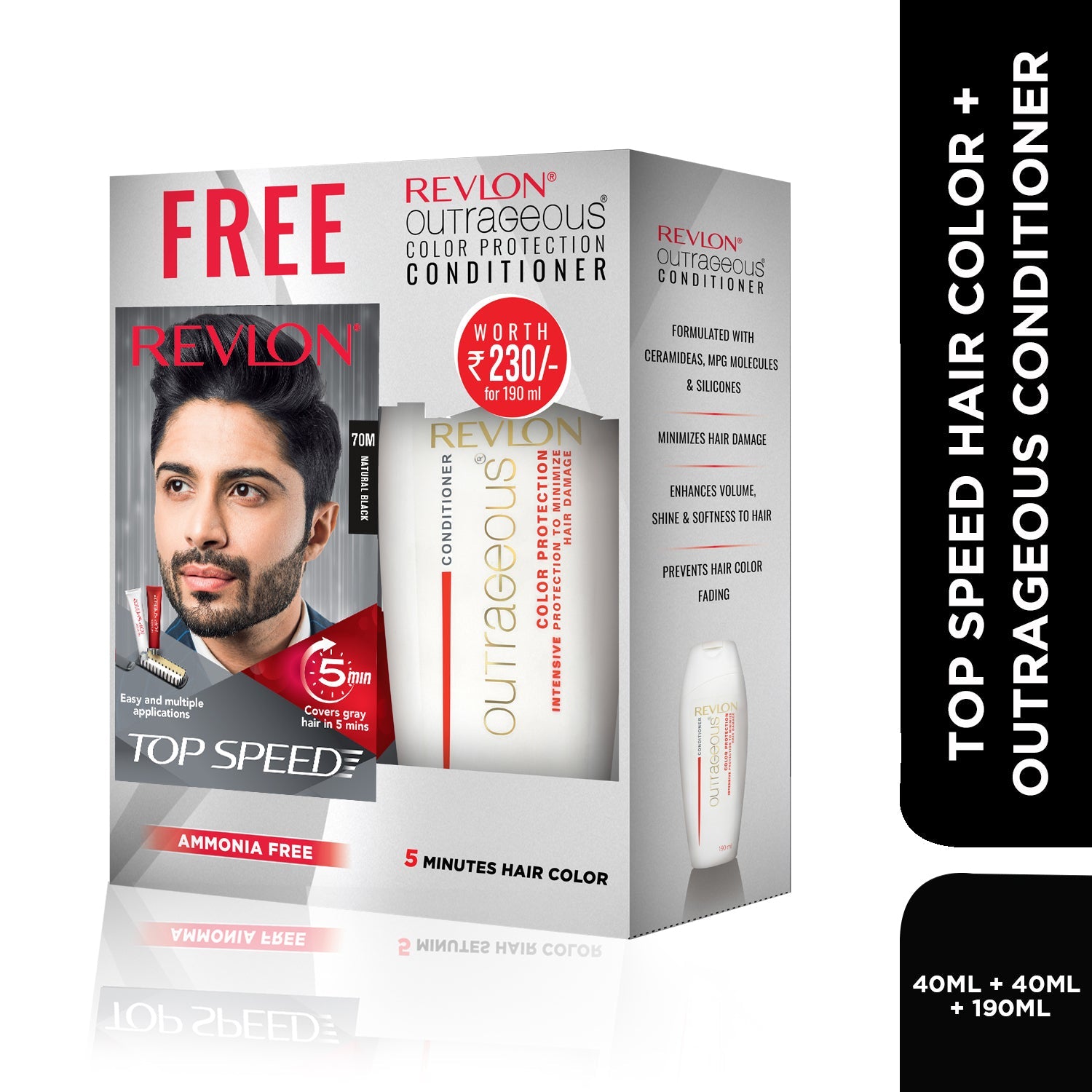Revlon Top Speed Hair Color for Men with Outrageous Conditioner 190ml, Natural Black 70M + Conditioner, 190ml - Image 2 - Buy from Indicrest