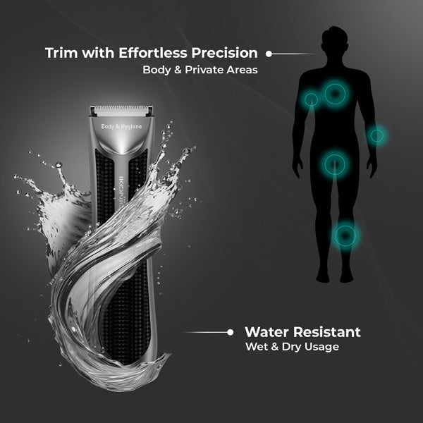 Ikonic Me Body & Hygiene Trimmer – Precision Grooming for Body & Intimate Areas | LED Spotlight | 90-Min Runtime | Powerful 7,000 RPM Motor | Water-Resistant (IPX6) | Stainless Ceramic Blades | Charging Dock Included