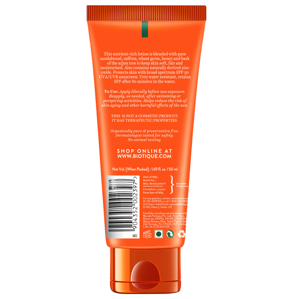 Biotique Sun Shield Sandalwood 50+SPF Suncreen Lotion, 50ml - Image 2 - Buy from Indicrest
