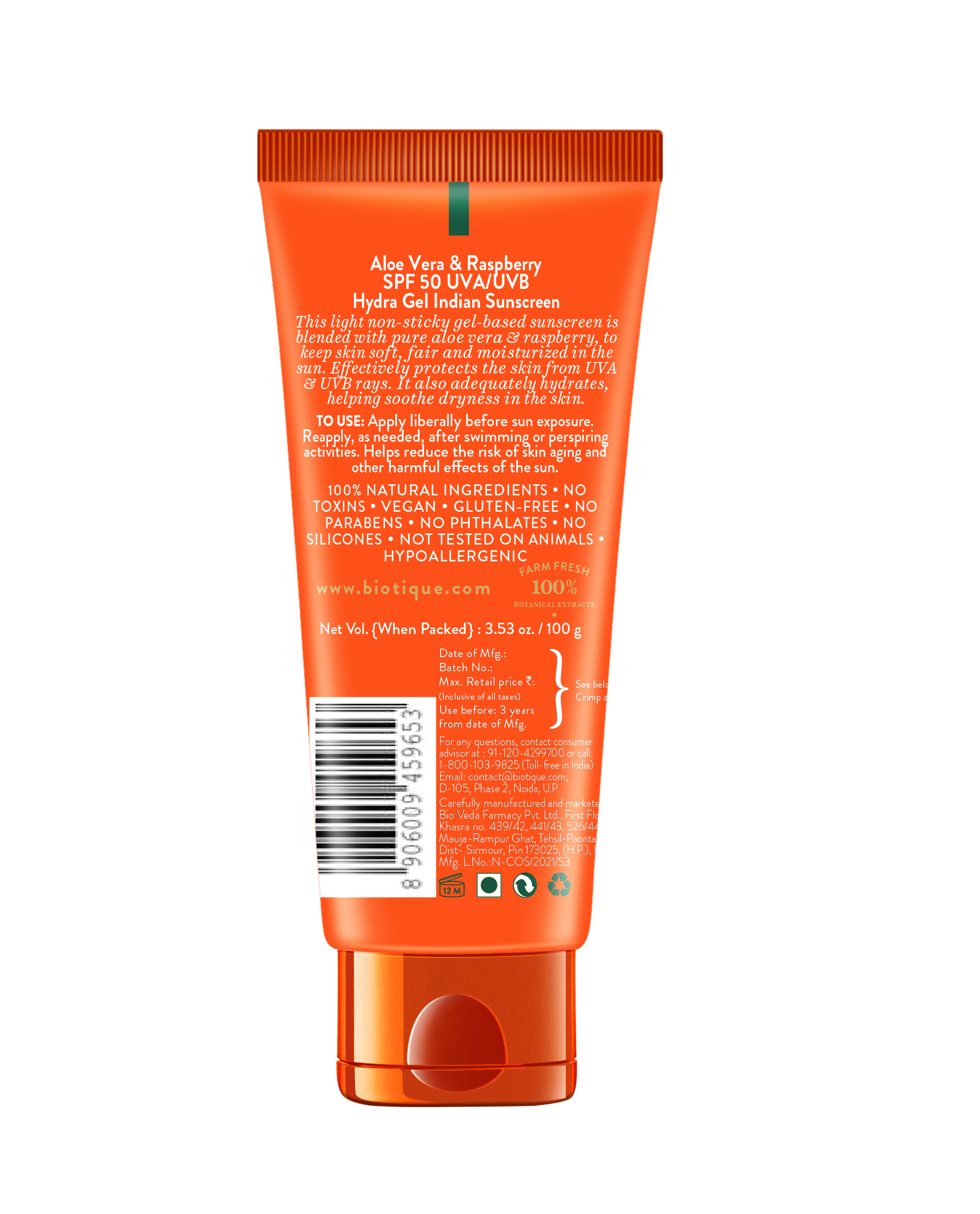 Biotique Aloe Vera & Raspberry SPF 50 Hydra Gel Indian Sunscreen, 100g - Image 2 - Buy from Indicrest