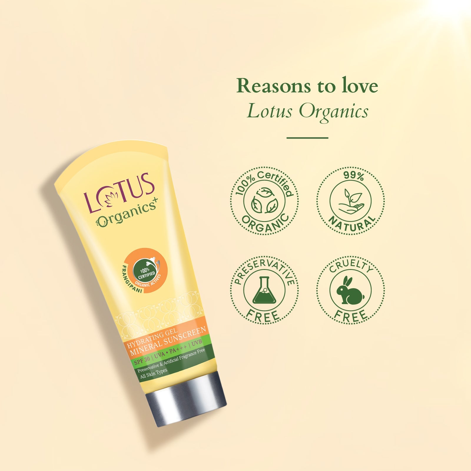 Lotus Herbals Organics+ Hydrating Gel Mineral Sunscreen SPF 30 PA+++, 100g