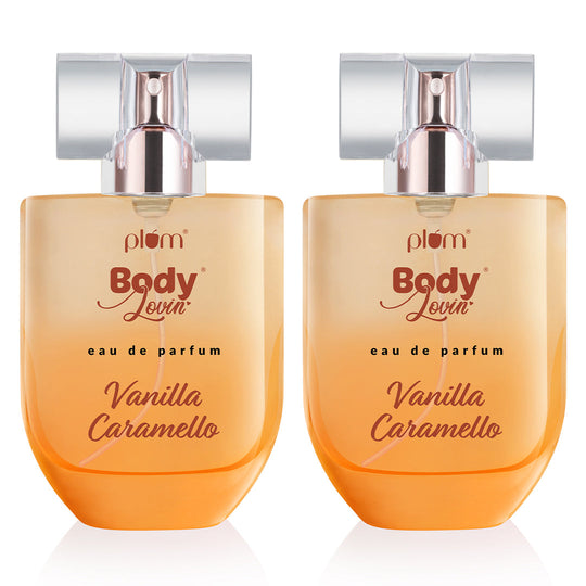 Plum Vanilla Caramello Eau De Parfum (Perfume) by Plum BodyLovin' | Long Lasting | Vanilla & Salted Caramel Fragrance | Supremely Luxurious, 50ml x 2