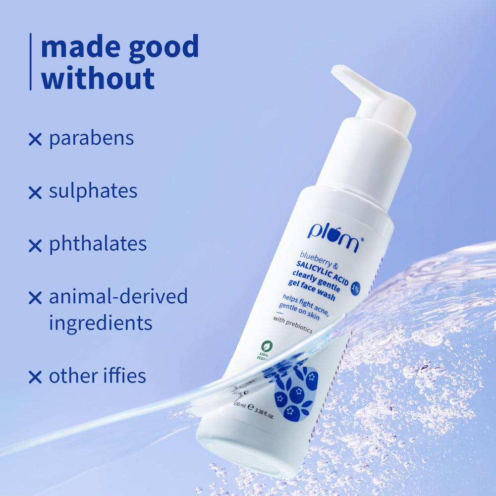 Plum Plum 1% Salicylic Acid Clearly Gentle Gel Face Wash with Blueberry | Helps Fight Active Acne | Gentle & Non-Drying | For Oily, Acne-Prone Skin | Beginner-Friendly | All Genders | 100% Vegan | 100 Ml, 100ml