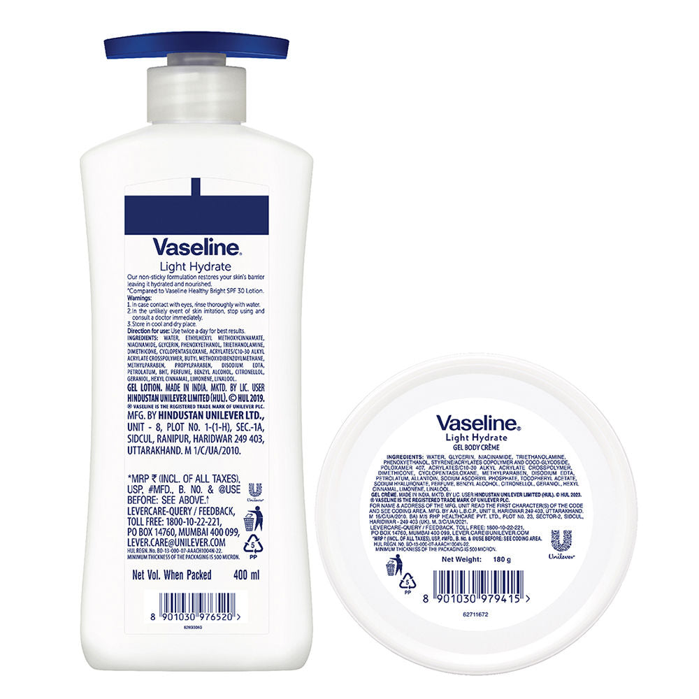 Vaseline Light Hydarate Body Lotion 400ml + Body Cream, 180ml Combo, 2 pieces Buy at Indicrest Image 6