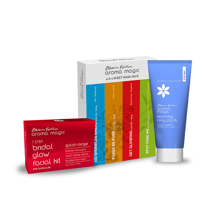 Aroma Magic Bridal Glow Combo: Bridal Facial Kit | 4-in-1 Sheet Mask | Reviving Oxy Face Pack, 4 in 1 Sheet Mask Pack - 20g X 4Pc +  Reviving Oxy Pack 100ml - Buy from Indicrest