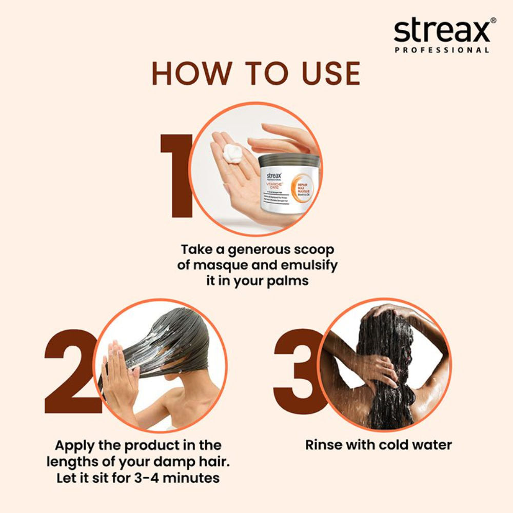 Streax Professional Vitariche Care Repair Max Shampoo, 300ml + Masque, 200g Hair Care Combo Buy at Indicrest Image 6