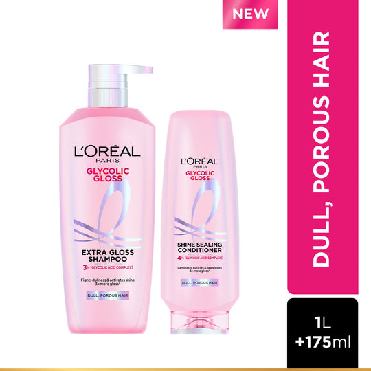 L'Oreal Paris Glycolic Gloss 2-Step Haircare Regime For Dull & Porous Hair Shampoo, 1000ml + Conditioner, 175 Combo, 2 pieces Buy at Indicrest