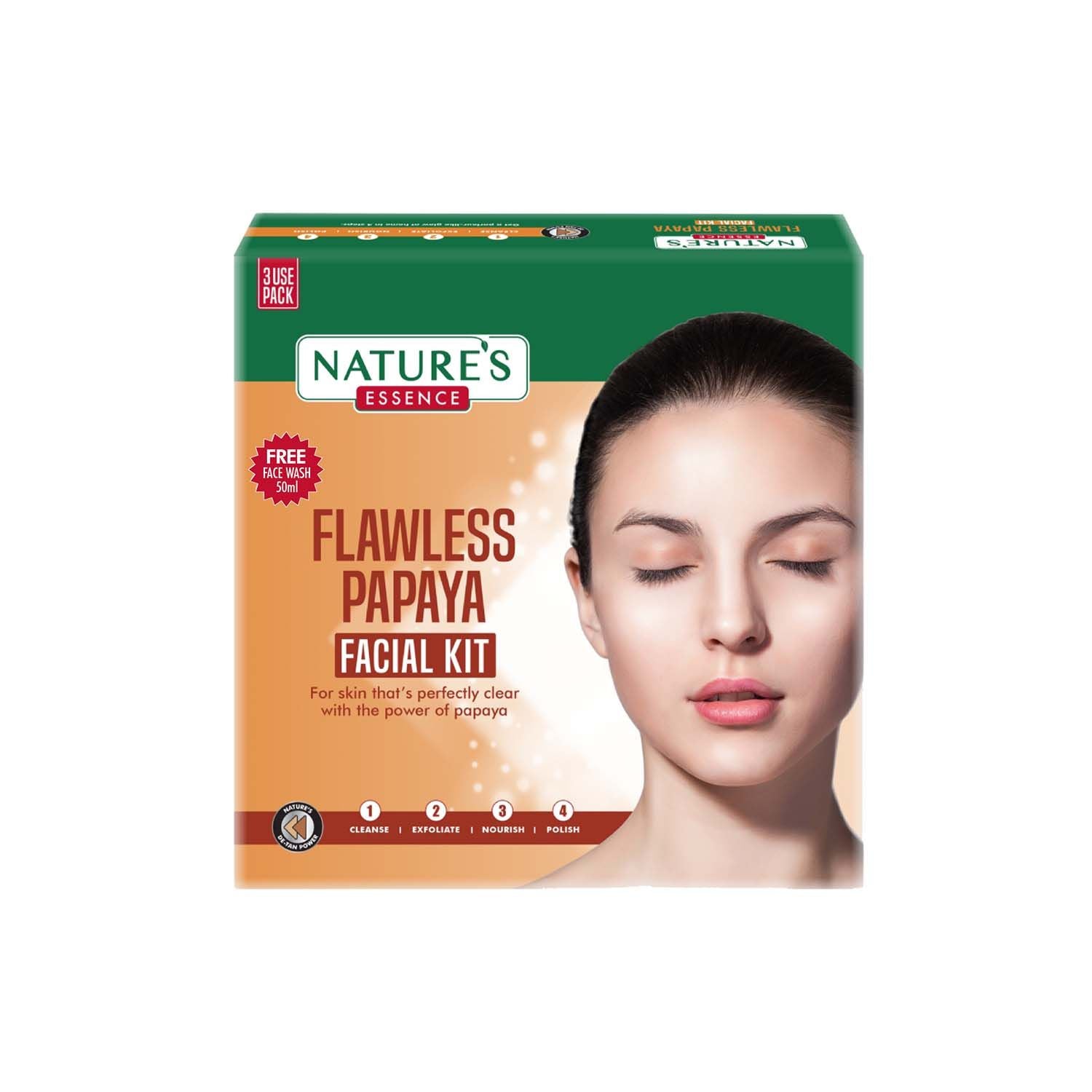 Nature's Essence Flawless Papaya Facial Kit With Free Face Wash For 3 Uses, 60g+50ml Buy at Indicrest Image 2