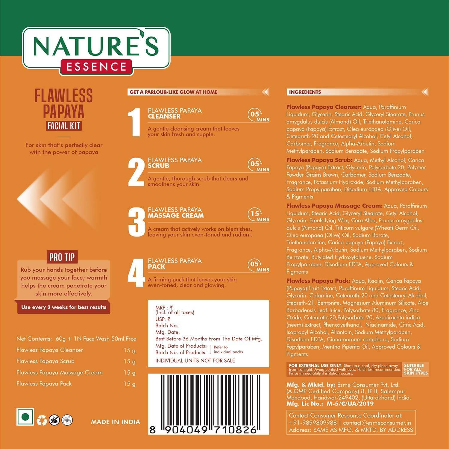 Nature's Essence Flawless Papaya Facial Kit With Free Face Wash For 3 Uses, 60g+50ml Buy at Indicrest Image 7