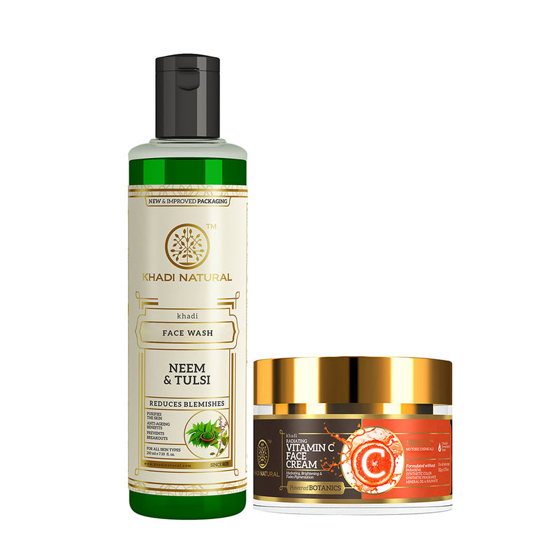 Khadi Herbal Neem & Tulsi Face Wash with Khadi Natural Vitamin C Face Cream Combo (Set of 2) - Buy from Indicrest