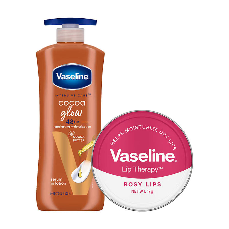 Vaseline Cocoa Glow Serum In Body Lotion + Rosy Lip Tins Combo Buy at Indicrest