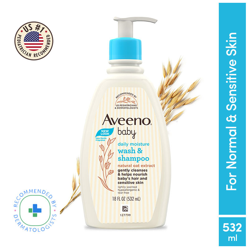 Aveeno Baby Daily Moisture Wash & Shampoo - Natural Oat Gentle Cleanser For Hair, Sensitive Body Skin, 532ml
