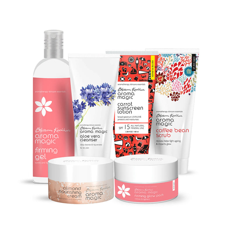 Aroma Magic Ageless Solution Combo, Aloe Vera Cleanser 100g + Dry Skin Oil 20ml + Almond Nourishing Cream 50g + Carrot Sunscreen Lotion 100ml + Coffee Bean Scrub 100ml + Anti Ageing Combo Pack 135g - Buy from Indicrest