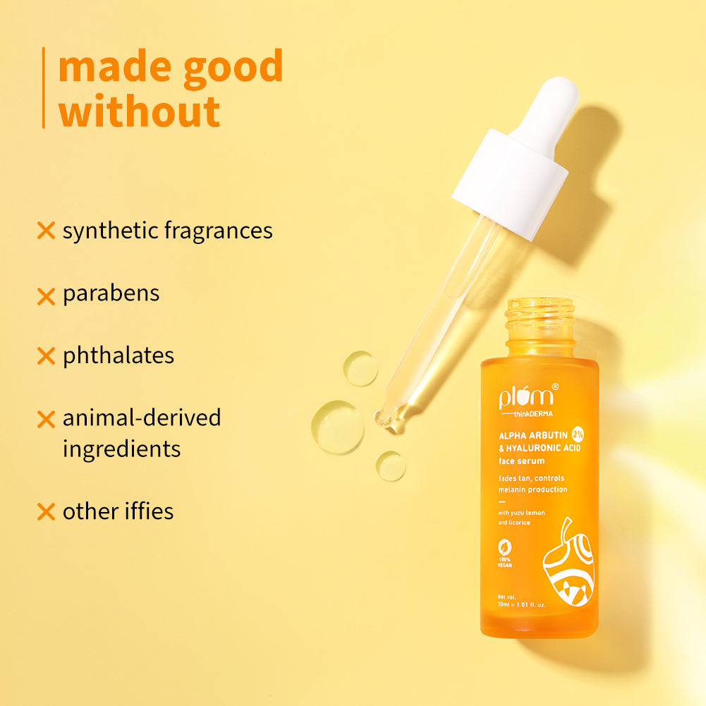 Plum 2% Alpha Arbutin & Hyaluronic Acid Tan Fading Face Serum | Reduces Tan In 14 Days |Suitable For Sensitive Skin | Dermat-Tested, 30ml