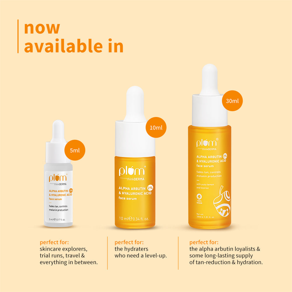 Plum 2% Alpha Arbutin & Hyaluronic Acid Tan Fading Face Serum | Reduces Tan In 14 Days |Suitable For Sensitive Skin | Dermat-Tested, 30ml