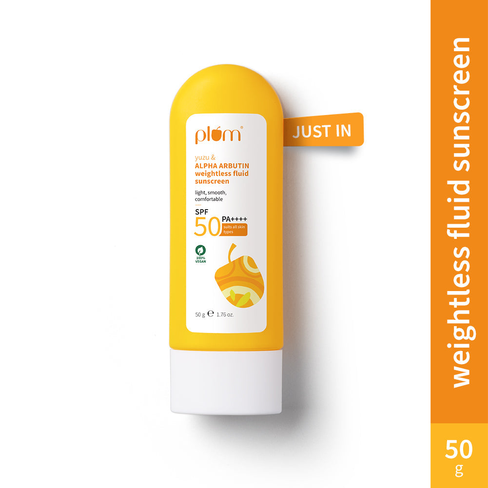 Plum Yuzu & Alpha Arbutin SPF 50 Weightless Fluid Sunscreen | Ultra-Light Texture | No White Cast | Non-Greasy, 50g