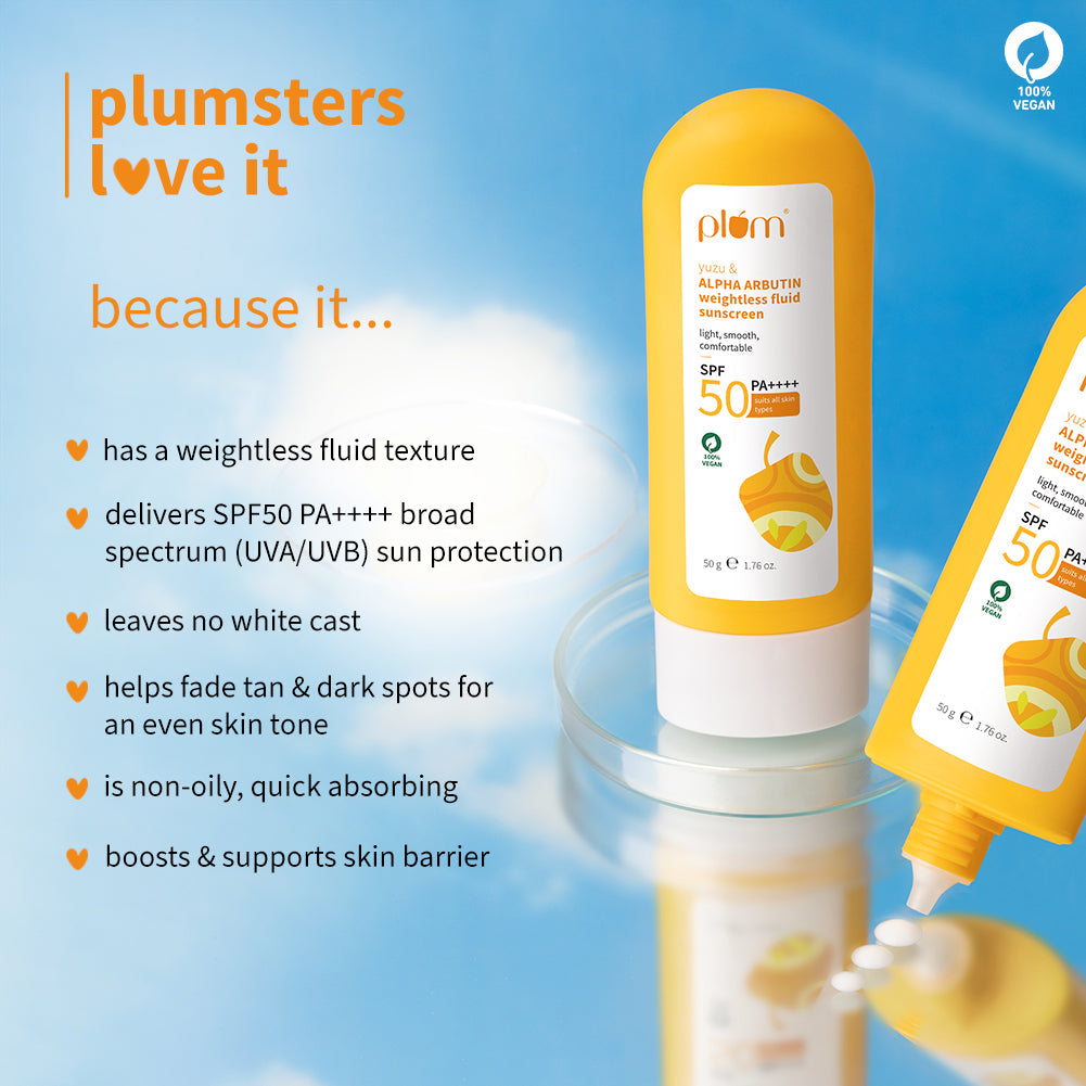 Plum Yuzu & Alpha Arbutin SPF 50 Weightless Fluid Sunscreen | Ultra-Light Texture | No White Cast | Non-Greasy, 50g
