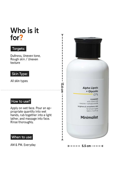 Minimalist Alpha Lipoic + Glycolic 7% Cleanser For brightening skin tone &amp; evening skin texture, 100ml - Image 3 - Buy from Indicrest