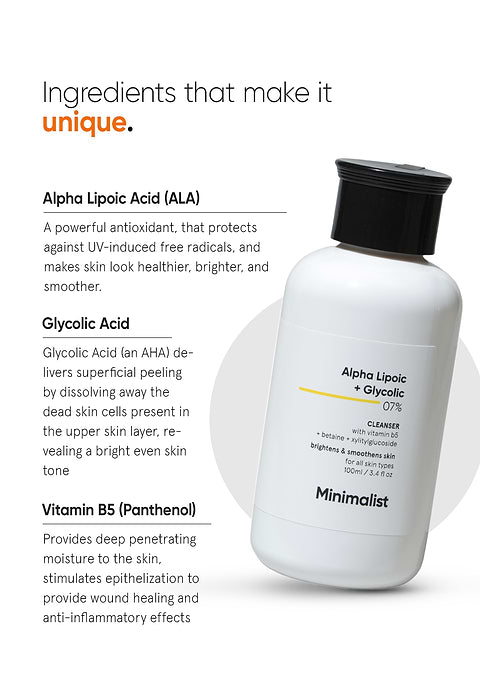 Minimalist Alpha Lipoic + Glycolic 7% Cleanser For brightening skin tone &amp; evening skin texture, 100ml - Image 4 - Buy from Indicrest