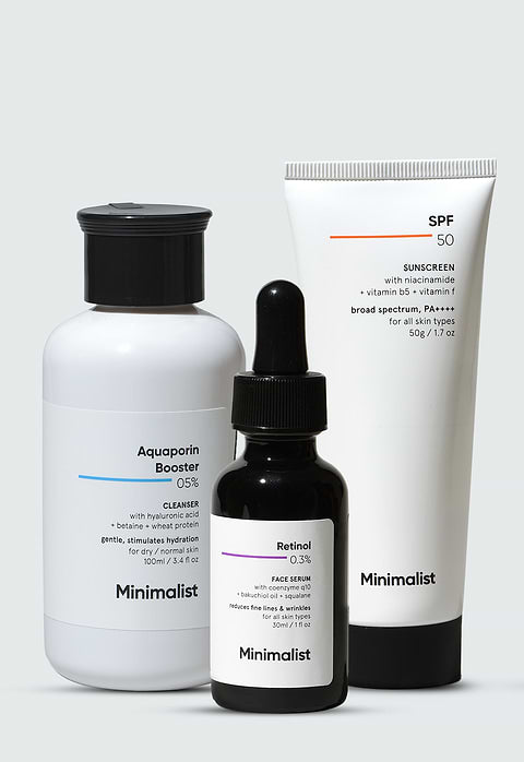 Minimalist Anti Aging Skin Care Kit For Visibly turn back the signs of aging with this comprehensive routine, Cleanser 100ml + Serum 30ml + Sunscreen 50g - Buy from Indicrest