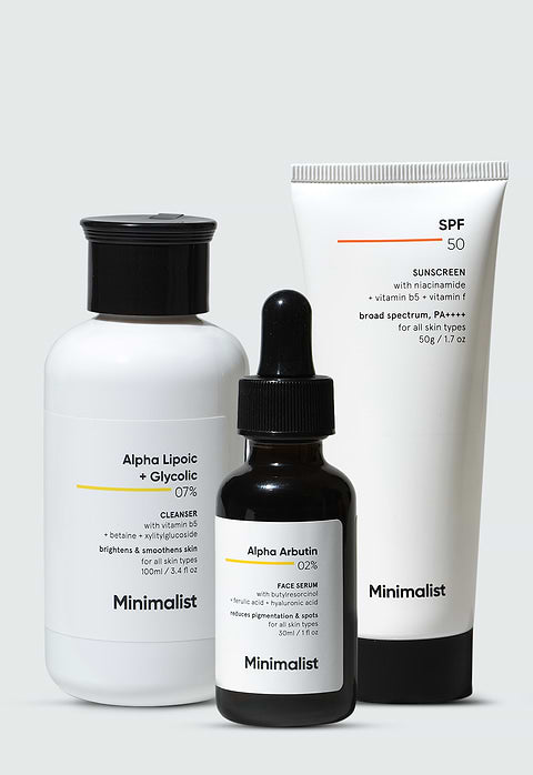 Minimalist Anti Pigmentation Skin Care Kit For Routine  fading pigmentation marks &amp; even skin tone, Cleanser 100ml + Serum 30ml + Sunscreen 50g - Buy from Indicrest