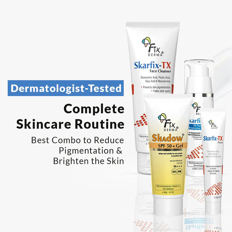 Fixderma Anti Pigmentation & Brightening Skarfix-TX CSMS Combo | Complete Skincare Routine for Hyperpigmentation, Face Cleanser 75g + Face Serum 30ml + Cream 15g + Sunscreen 40g - Buy from Indicrest