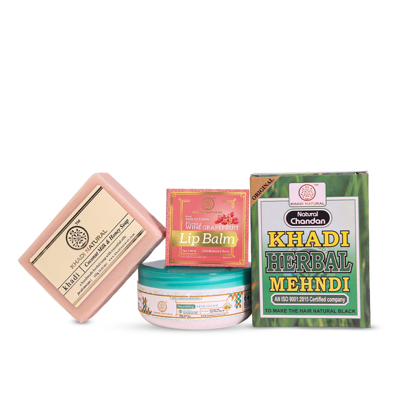 Khadi Natural Coconut Milk Soap, Black Mehndi, Nourishing Cream & Wine Grapefruit Lip Balm Combo - Buy from Indicrest