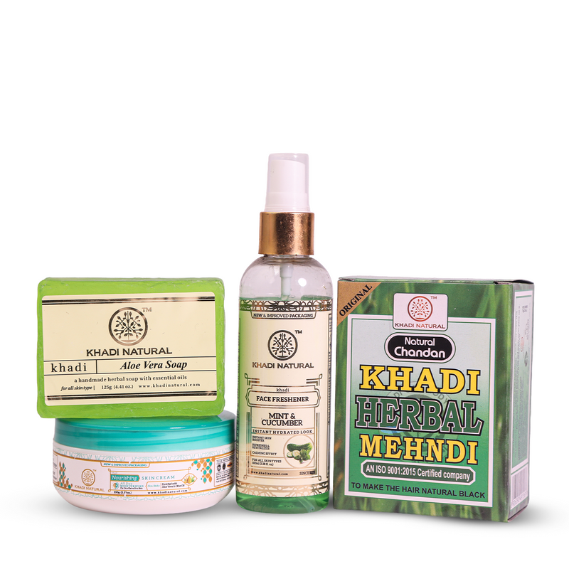 Khadi Natural Aloe Vera Soap, Black Mehndi, Mint Cucumber Spray & Skin Cream Combo - Buy from Indicrest