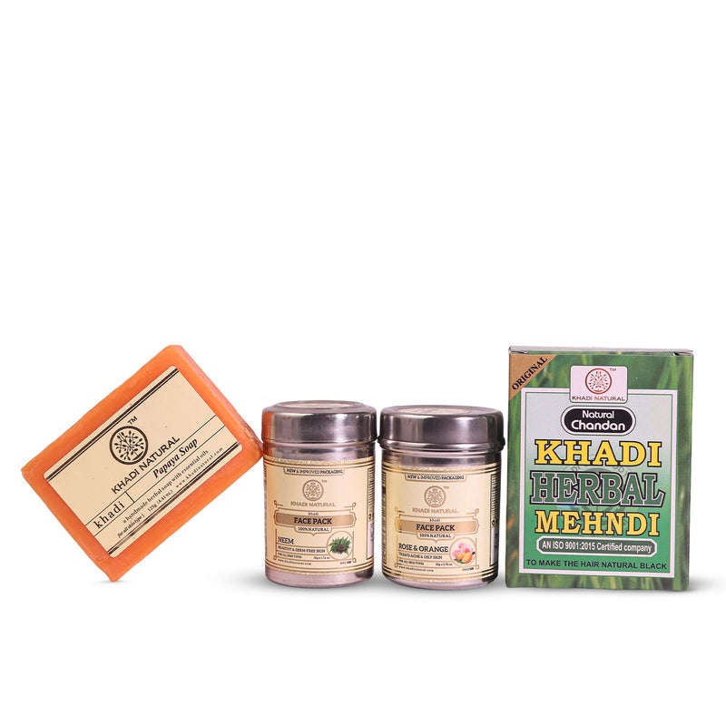 Khadi Natural Papaya Soap, Neem Face Pack, Black Mehndi & Rose Orange Face Pack Combo - Buy from Indicrest