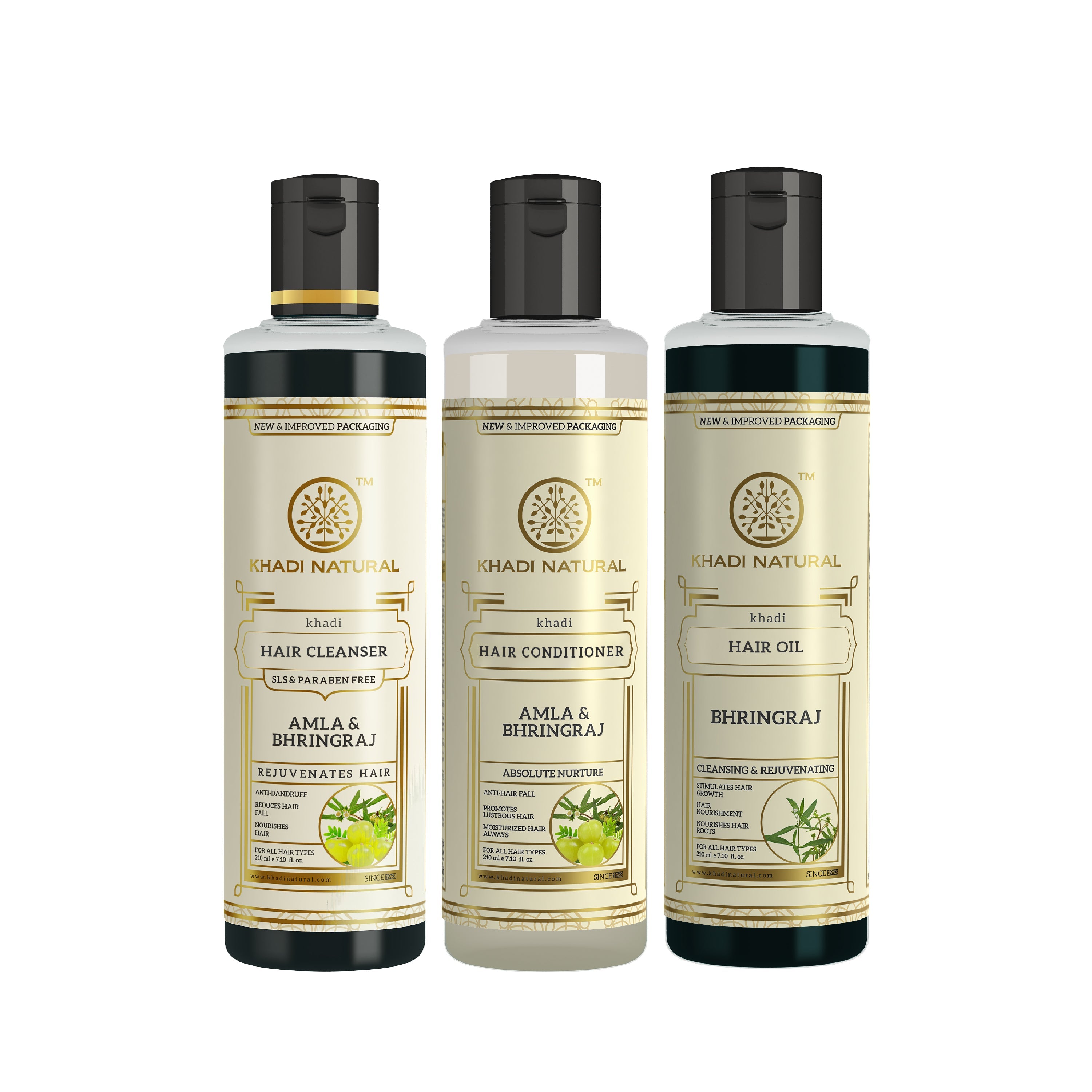 Khadi Natural  Amla & Bhringraj Hair Care Cleanser, Conditioner & Oil – SLS & Paraben Free Combo Pack of 3 - 210ml Each - Buy from Indicrest