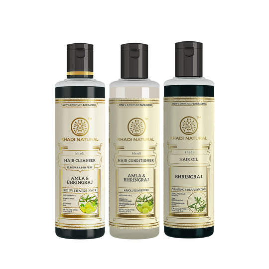 Khadi Natural  Amla & Bhringraj Hair Care Cleanser, Conditioner & Oil – SLS & Paraben Free Combo Pack of 3 - 210ml Each - Buy from Indicrest