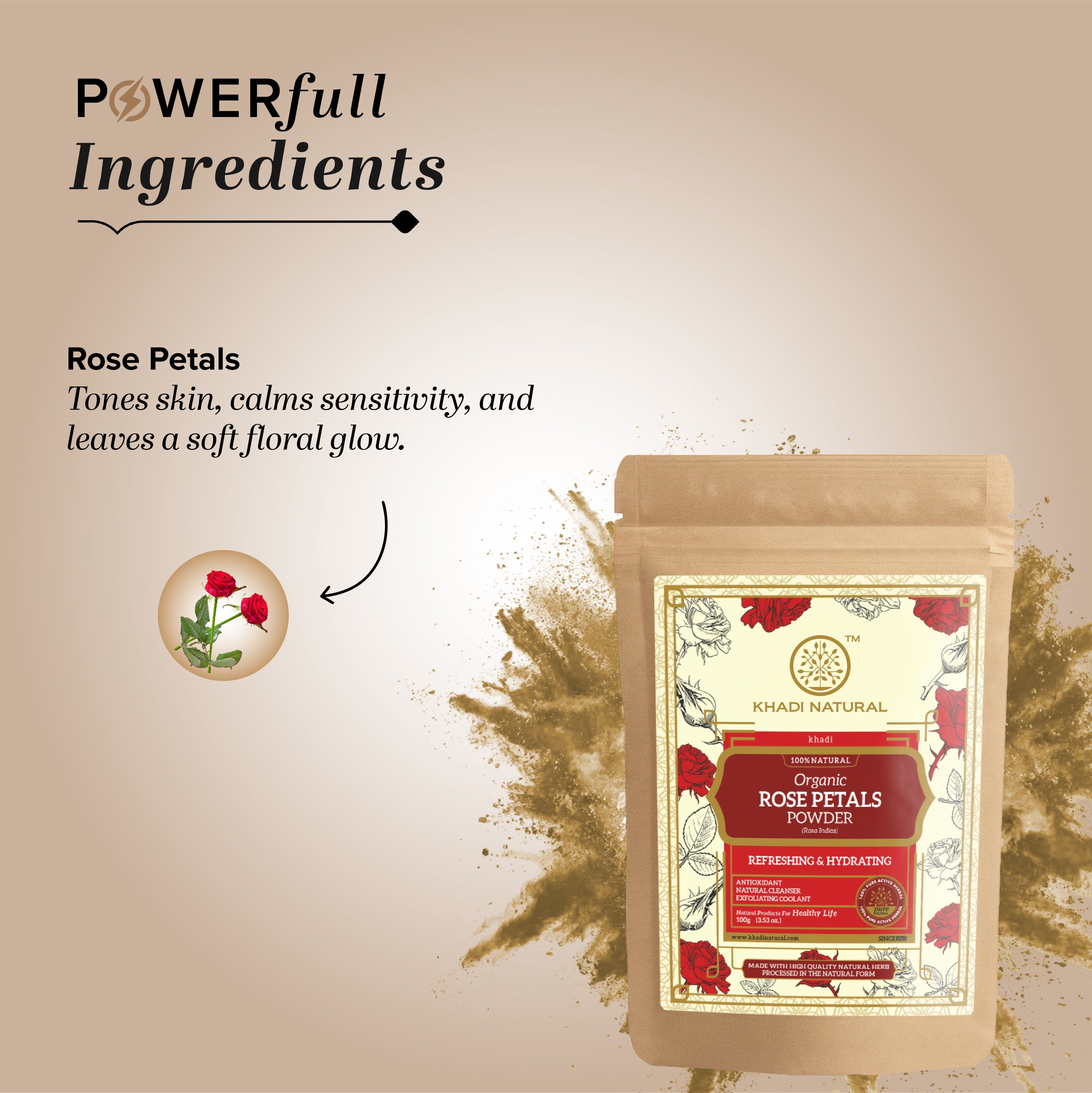 Khadi Natural Organic Rose Petals Powder For Face Care - 100% Natural - 100gm - Image 3 - Buy from Indicrest