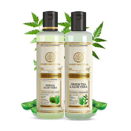 Khadi Natural Anti-Dandruff Pack – Neem & Aloe Vera Hair Cleanser (SLS & Paraben Free) & Green Tea & Aloe Vera Hair Conditioner Combo Pack of 2 – 210ml Each - Buy from Indicrest