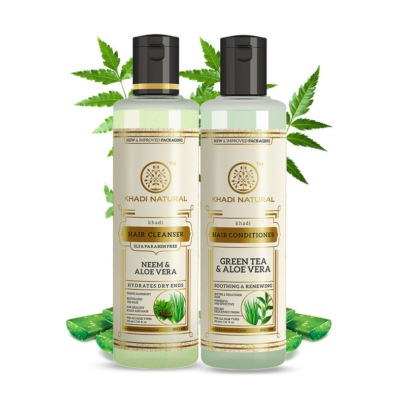 Khadi Natural Anti-Dandruff Pack – Neem & Aloe Vera Hair Cleanser (SLS & Paraben Free) & Green Tea & Aloe Vera Hair Conditioner Combo Pack of 2 – 210ml Each - Buy from Indicrest