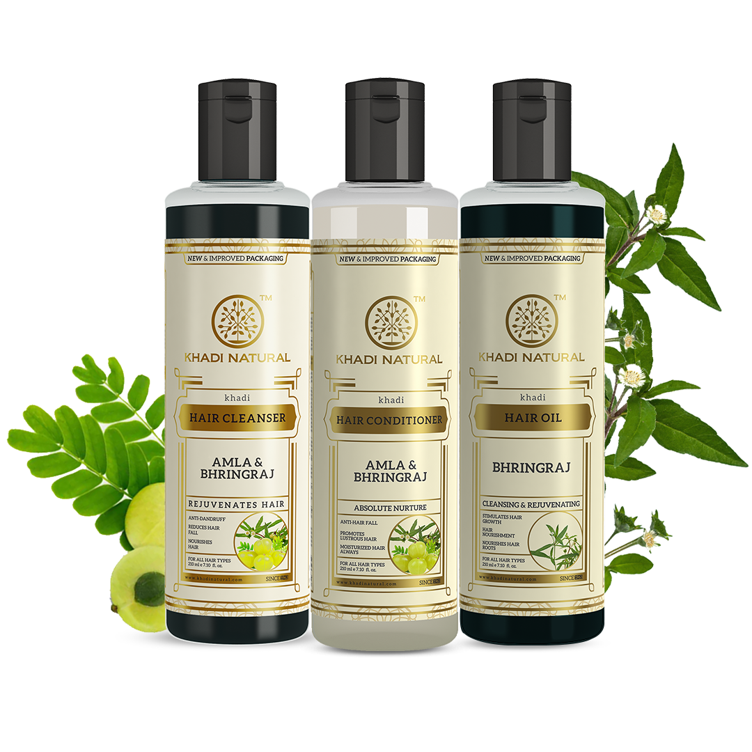 Khadi Natural  Amla & Bhringraj Hair Care Cleanser, Conditioner & Oil – SLS & Paraben Free Combo Pack of 3 - 210ml Each - Image 7 - Buy from Indicrest