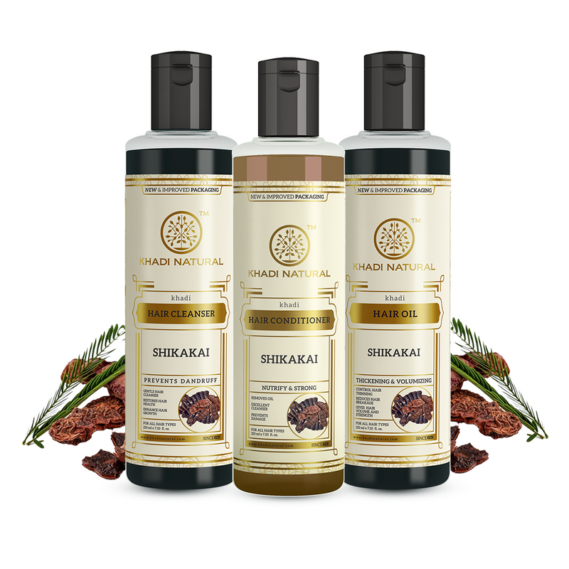 Khadi Natural Soft & Silky Strands Pack – Shikakai Hair Cleanser, Hair Conditioner & Hair Oil Combo Pack of 3 – 210ml Each - Buy from Indicrest