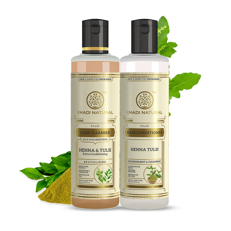 Khadi Natural Henna Tulsi Extra Conditioning Hair Cleanser (SLS & Paraben Free) & Henna Tulsi Hair Conditioner Combo Pack of 2 – 210ml Each - Buy from Indicrest