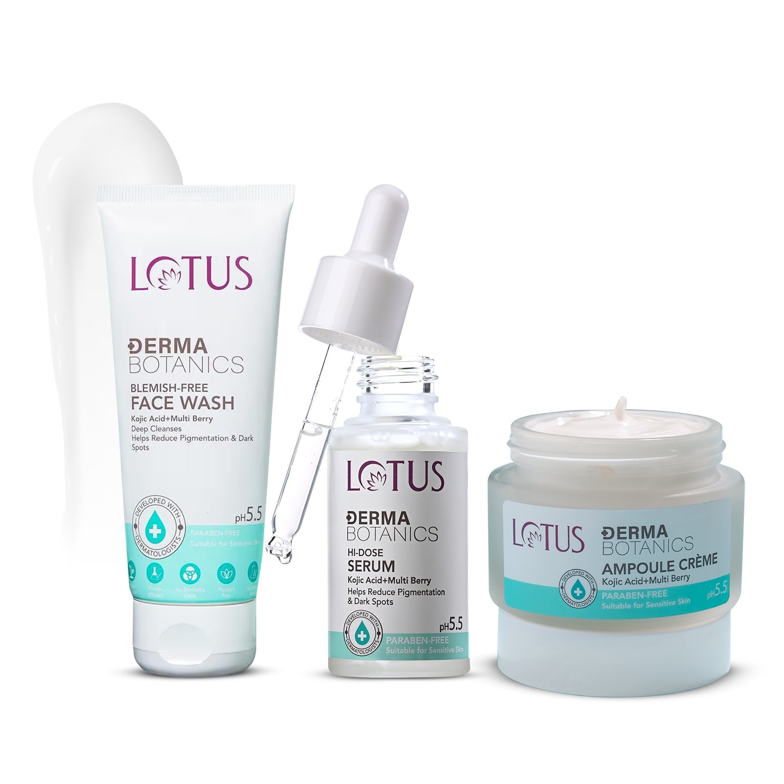 Lotus Herbals DermaBotanics Kojic Facewash+Multi Berry Hi-Dose Serum+Ampoule Creme, Facewash 100g + Serum 28ml + Creme 50g