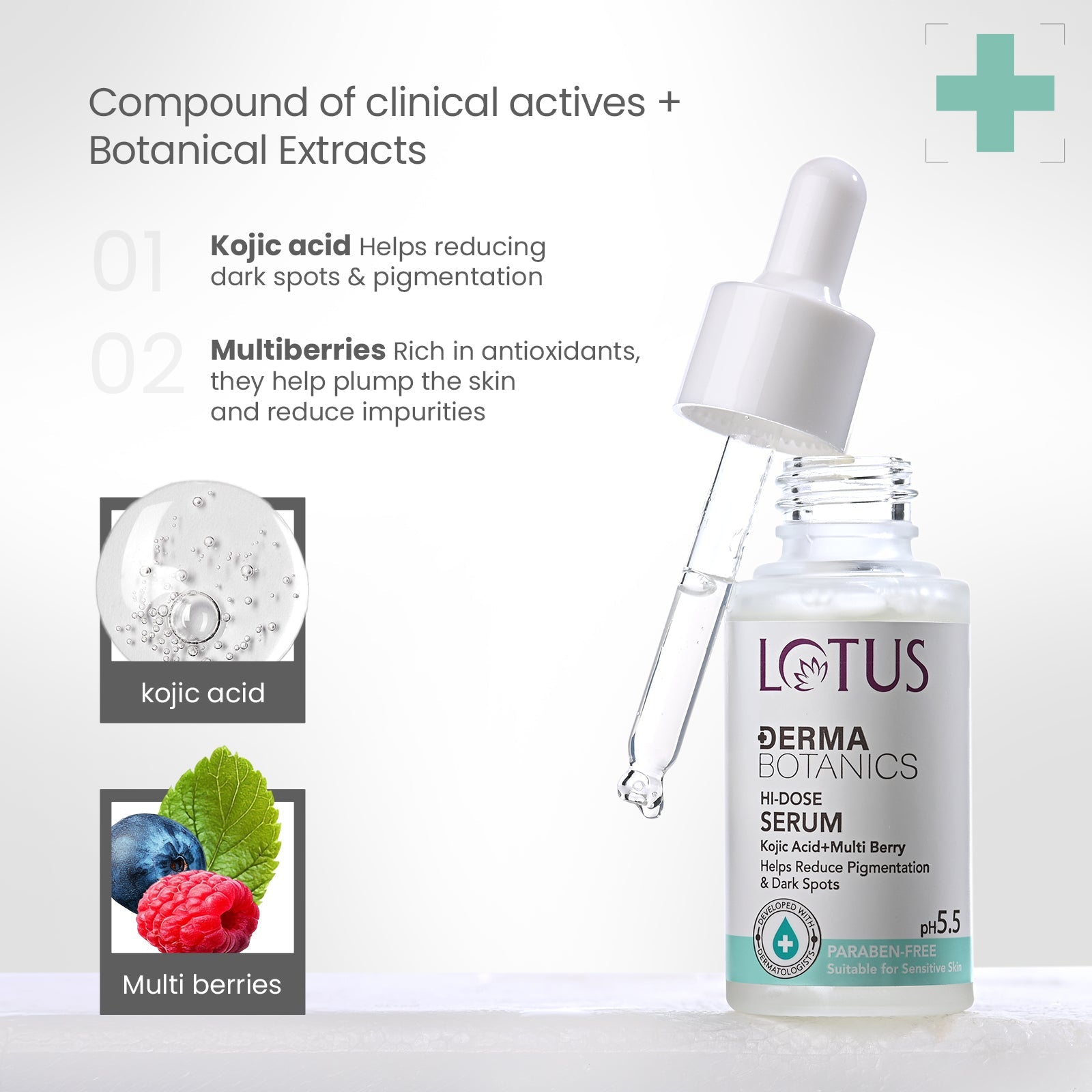 Lotus Herbals DermaBotanics Kojic acid + Multiberry Hi-dose serum, 28ml