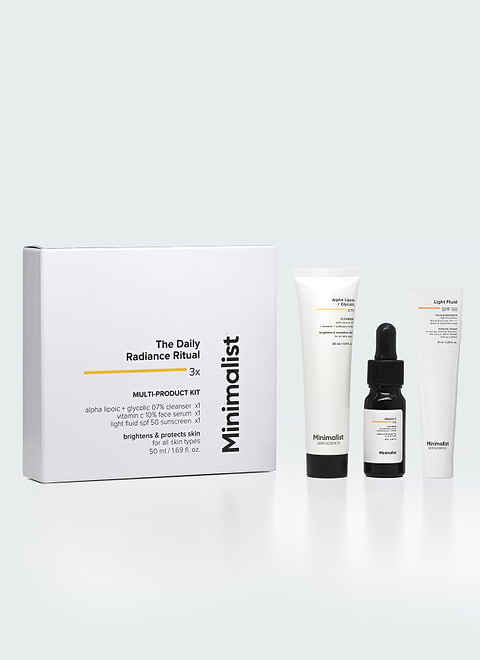 Minimalist The Daily Radiance Ritual 3x Kit 50ml For Boost of glow, brightens skin tone &amp; minimize UV damage, Cleanser 30ml + Vitamin C 10% 10ml + Light Fluid SPF 50 10ml - Buy from Indicrest